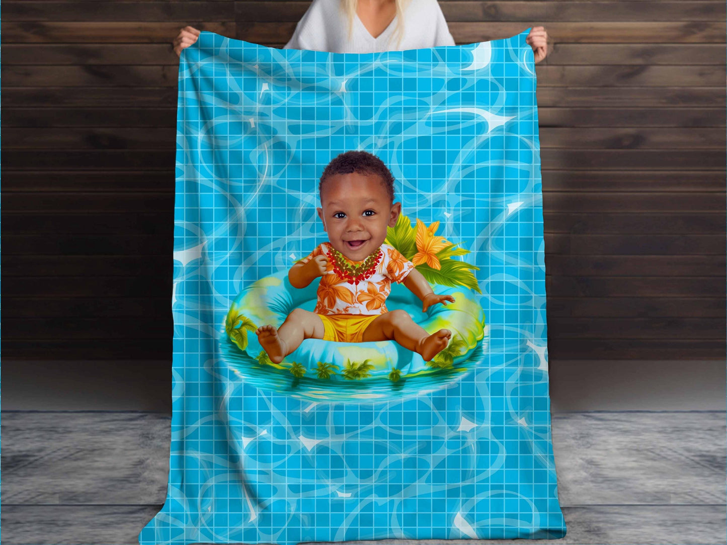 Sherpa Throw Blanket - Custom Baby Face on Baby on Pool Float caricature Tropical Summer Design - Soft Plush Throw Blanket-Jacobson Cottage