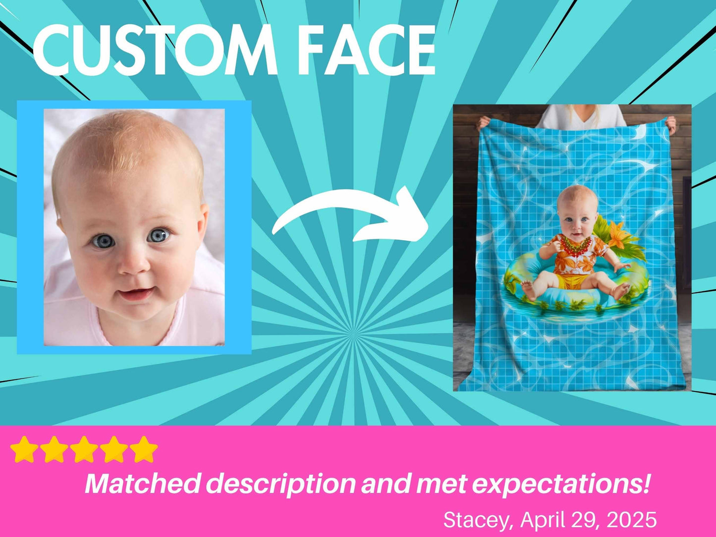 Sherpa Throw Blanket - Custom Baby Face on Baby on Pool Float caricature Tropical Summer Design - Soft Plush Throw Blanket-Jacobson Cottage