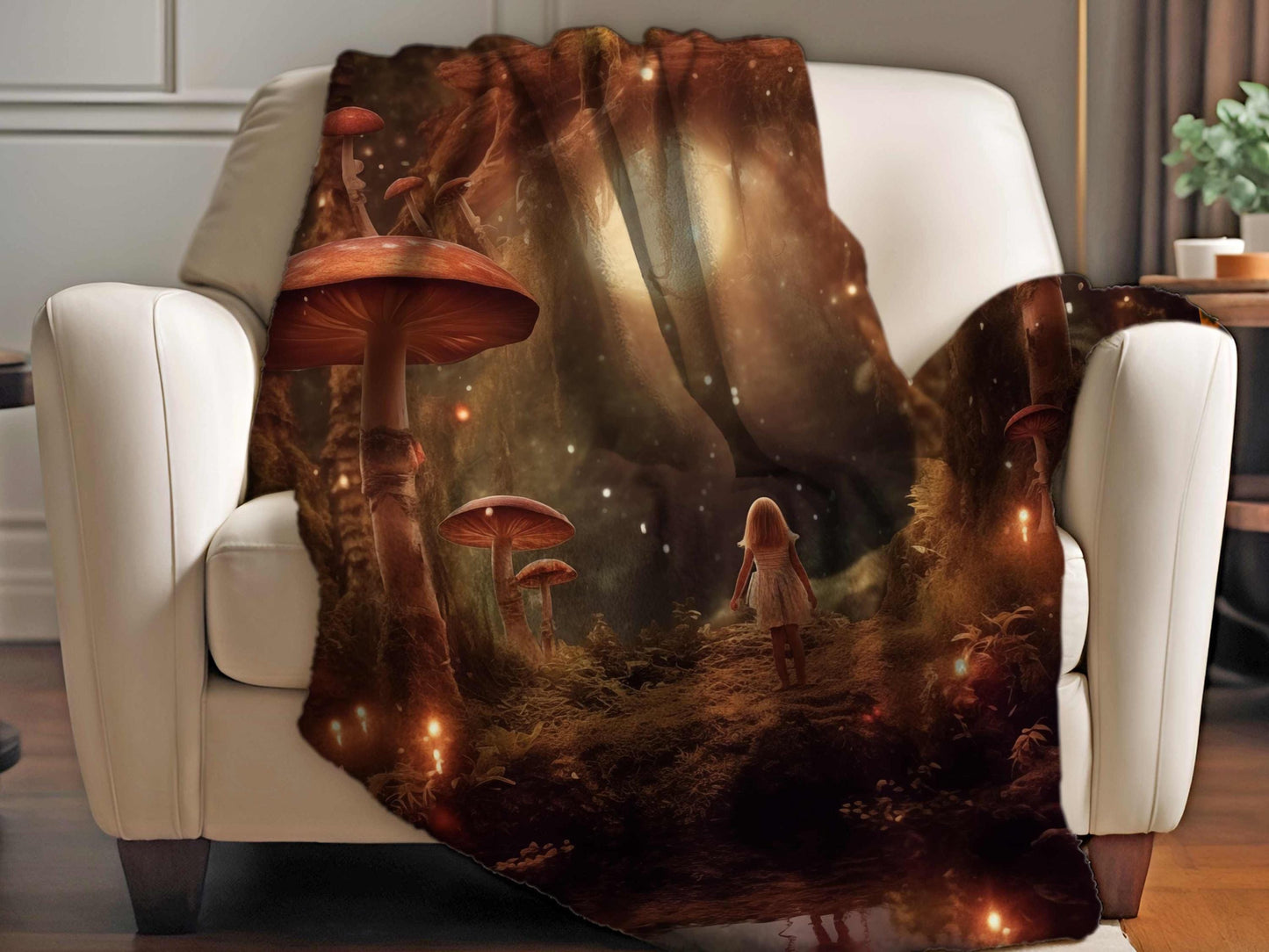 Sherpa Throw Blanket - Girl in Enchanted Mushroom Forest Fantasy Art -Soft Plush Throw Blanket-Jacobson Cottage