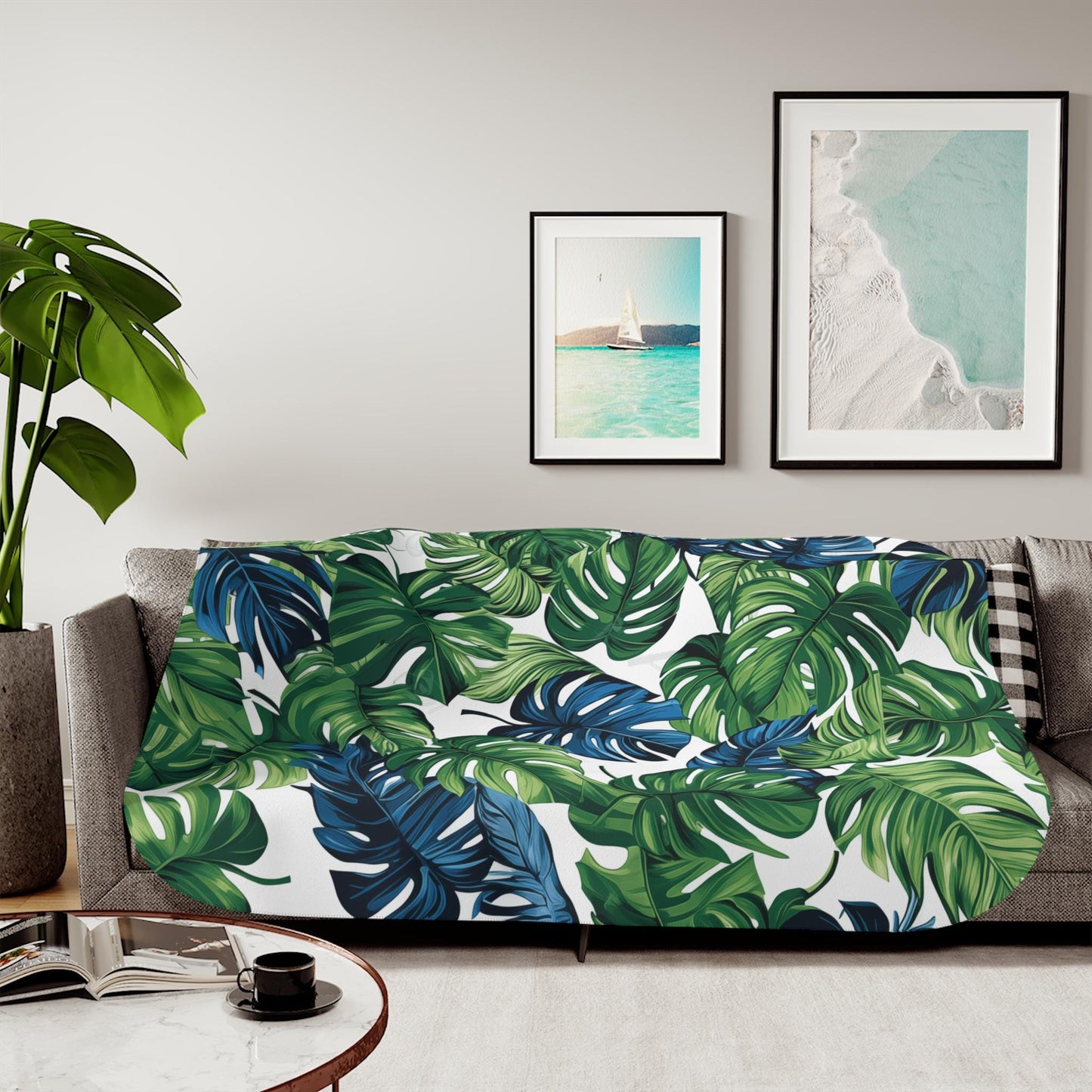 Sherpa Throw Blanket - Tropical Jungle Monstera Leaf Design Blue and Green on White -Soft Plush Throw Blanket-Jacobson Cottage