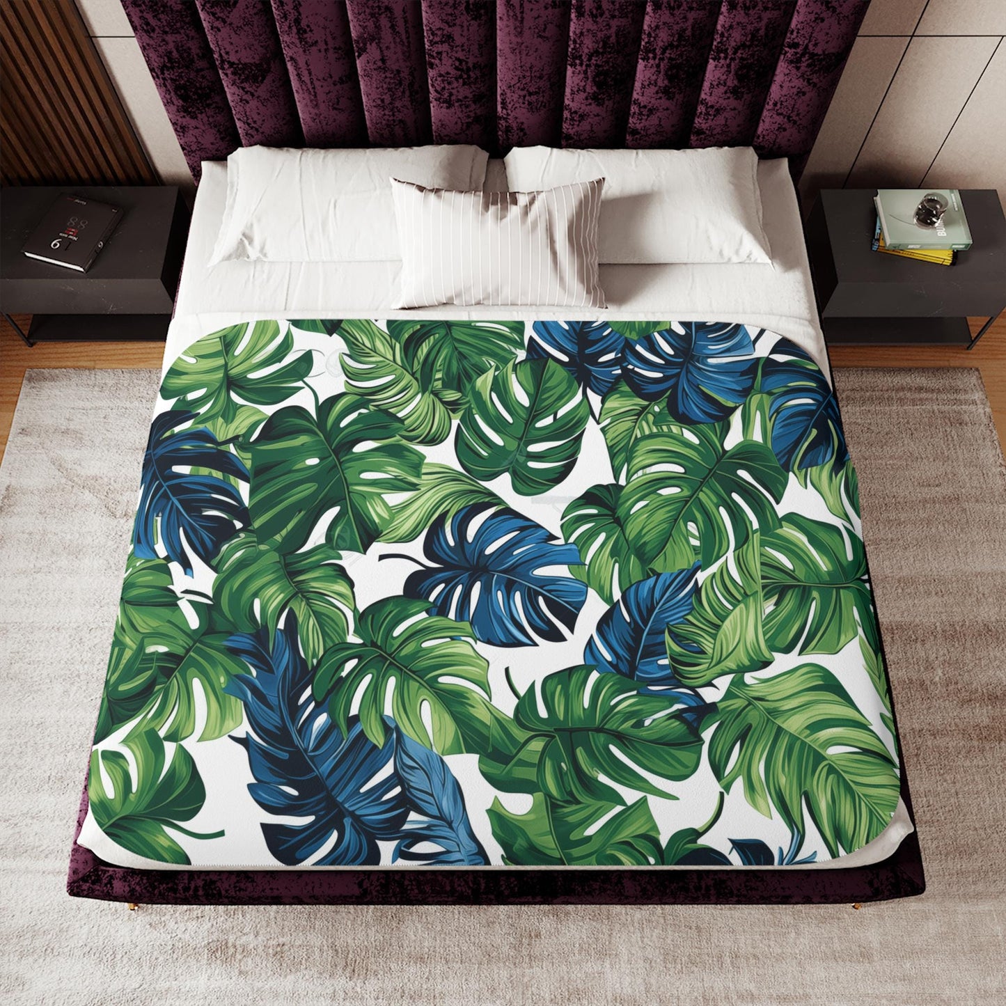 Sherpa Throw Blanket - Tropical Jungle Monstera Leaf Design Blue and Green on White -Soft Plush Throw Blanket-Jacobson Cottage