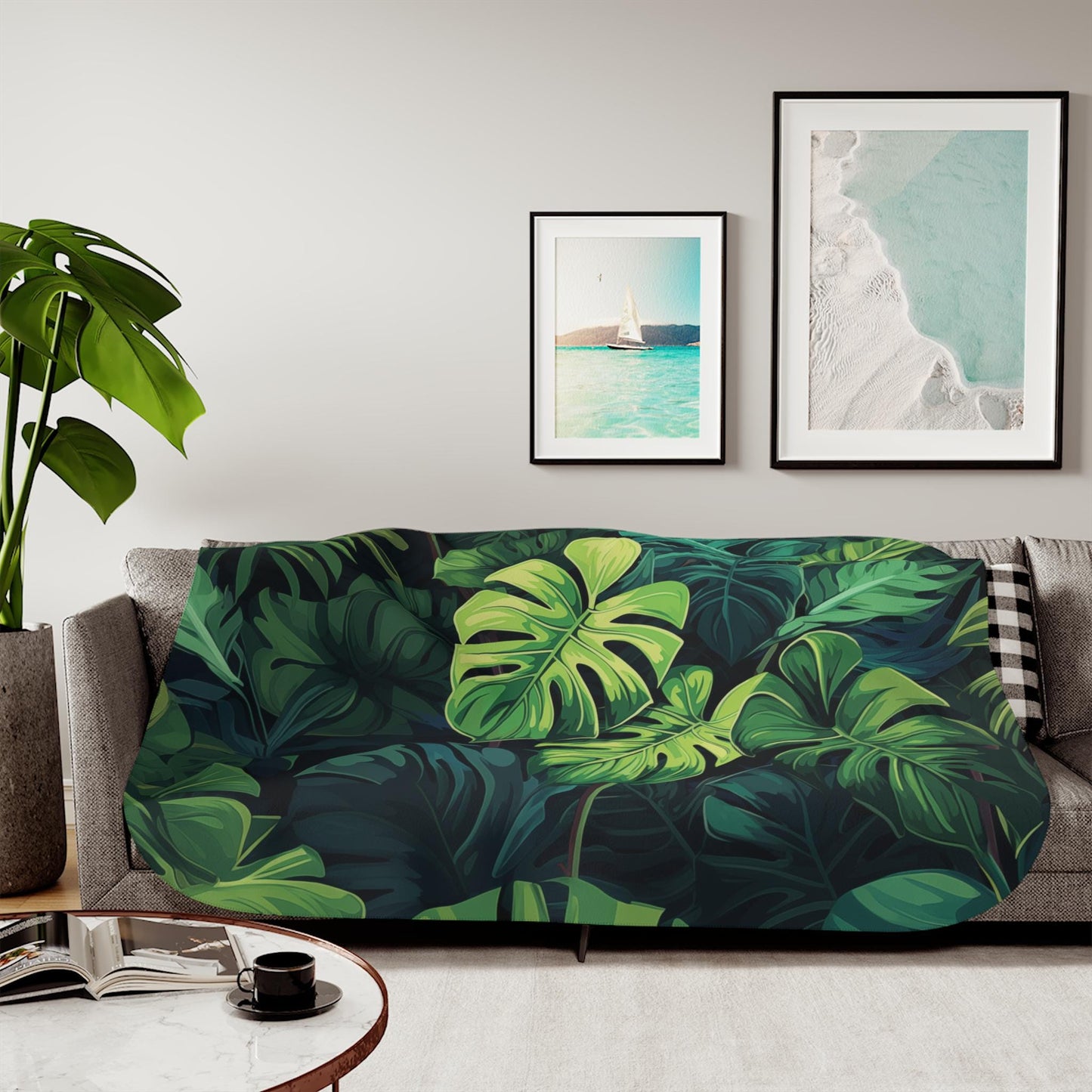 Sherpa Throw Blanket - Tropical Jungle Monstera Leaf Design Blue and Green -Soft Plush Throw Blanket-Jacobson Cottage