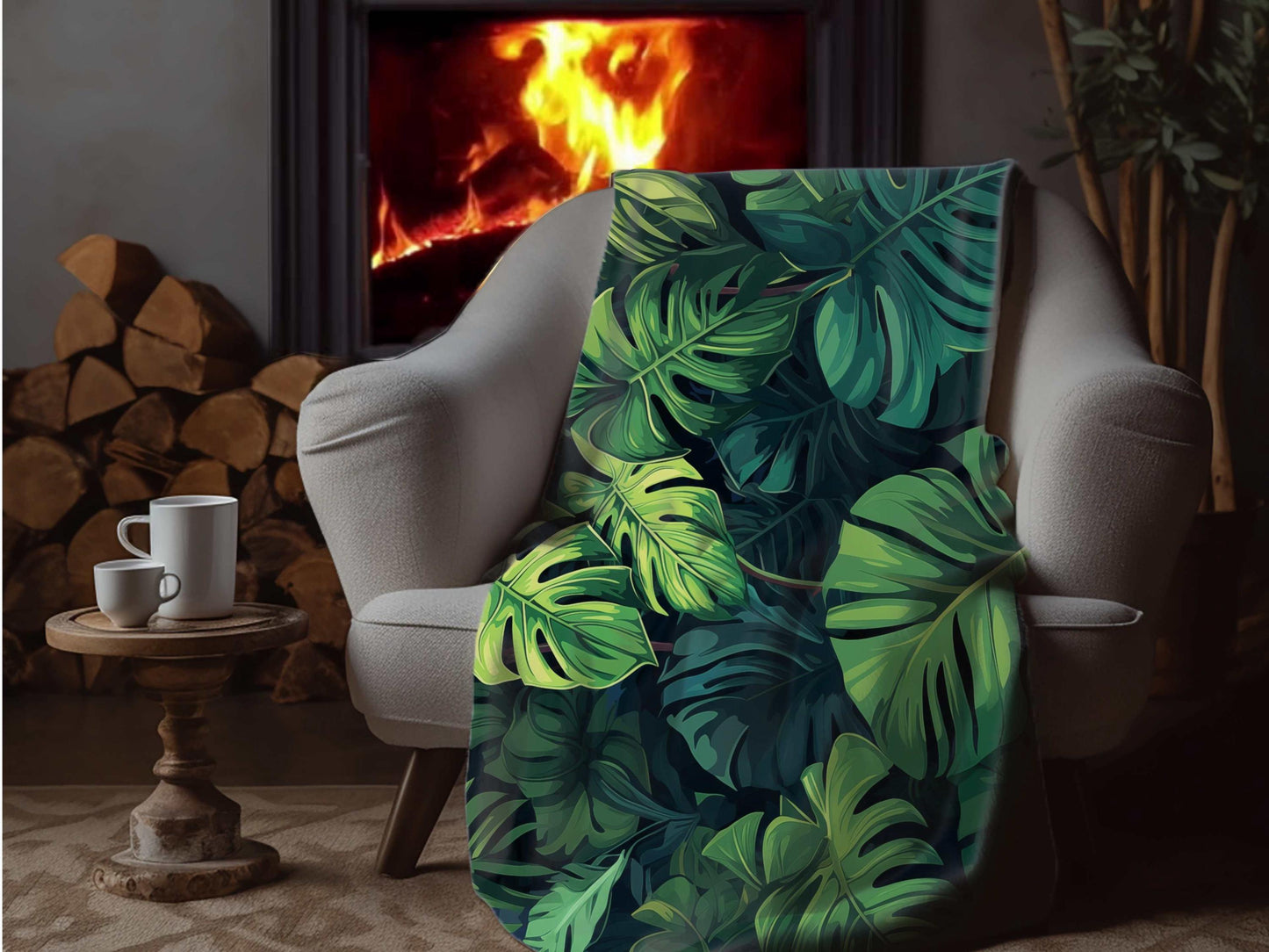 Sherpa Throw Blanket - Tropical Jungle Monstera Leaf Design Blue and Green -Soft Plush Throw Blanket-Jacobson Cottage