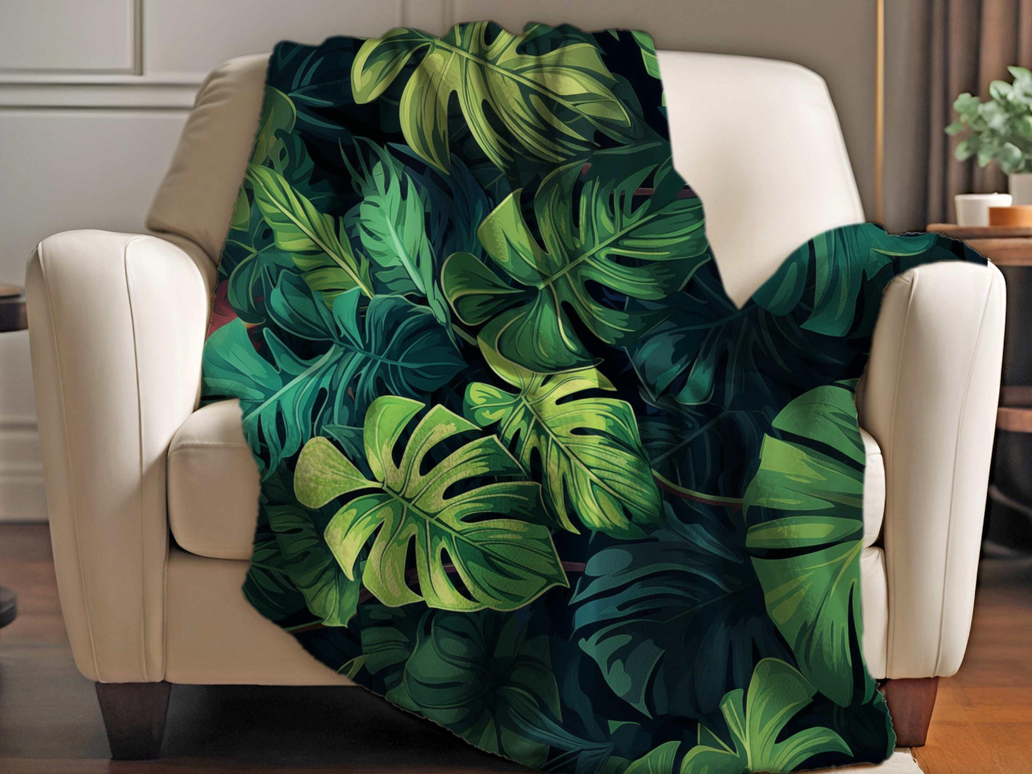 Sherpa Throw Blanket - Tropical Jungle Monstera Leaf Design Blue and Green -Soft Plush Throw Blanket-Jacobson Cottage