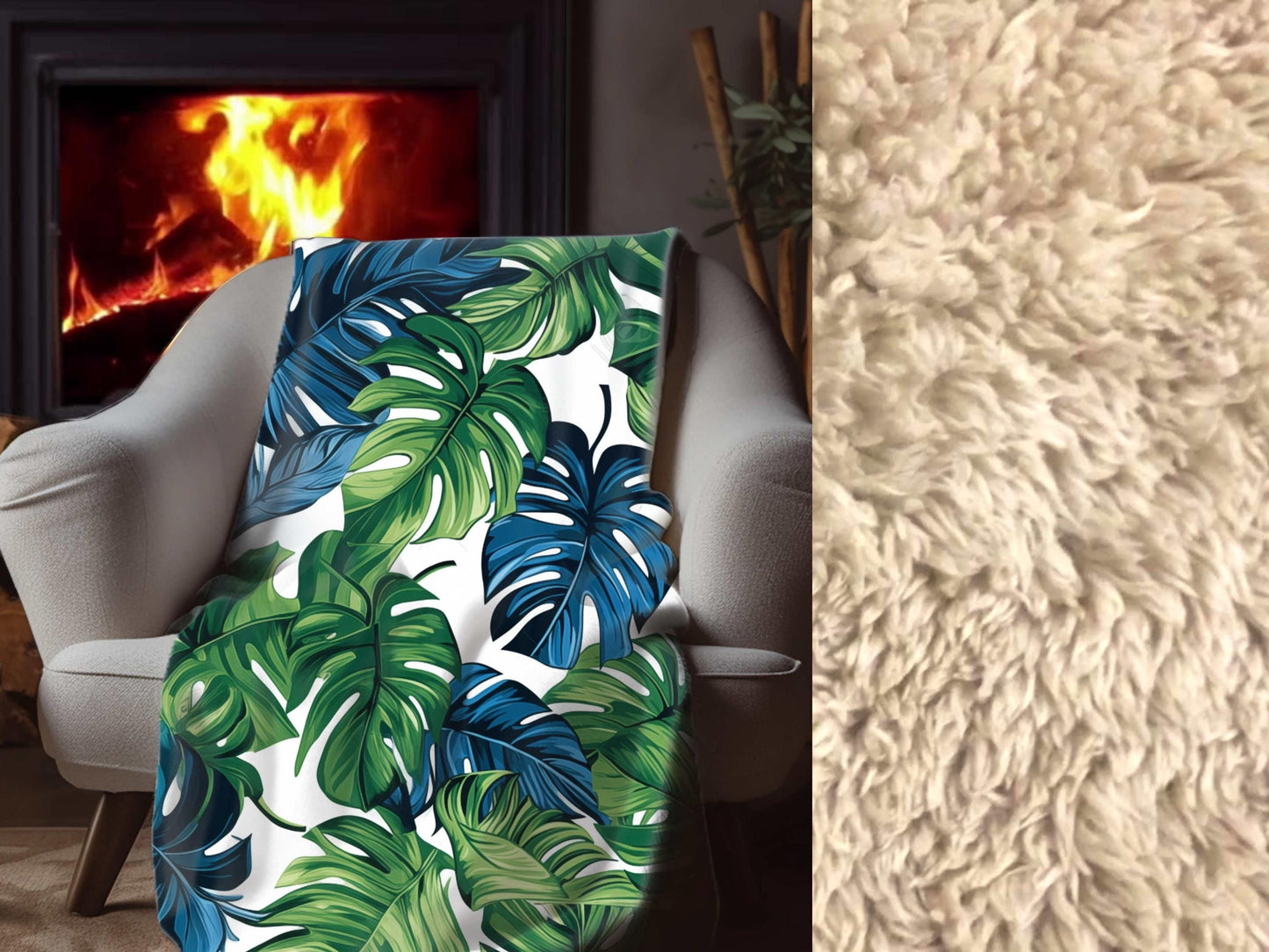 Sherpa Throw Blanket - Tropical Jungle Monstera Leaf Design Blue and Green on White -Soft Plush Throw Blanket-Jacobson Cottage