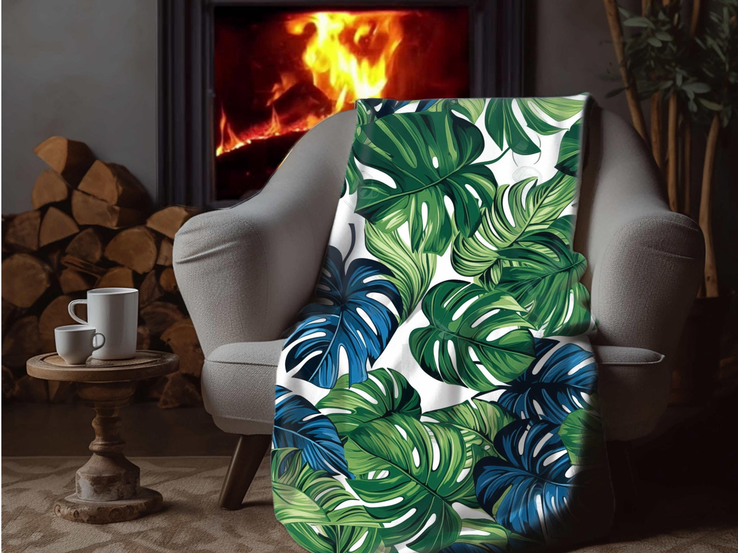 Sherpa Throw Blanket - Tropical Jungle Monstera Leaf Design Blue and Green on White -Soft Plush Throw Blanket-Jacobson Cottage