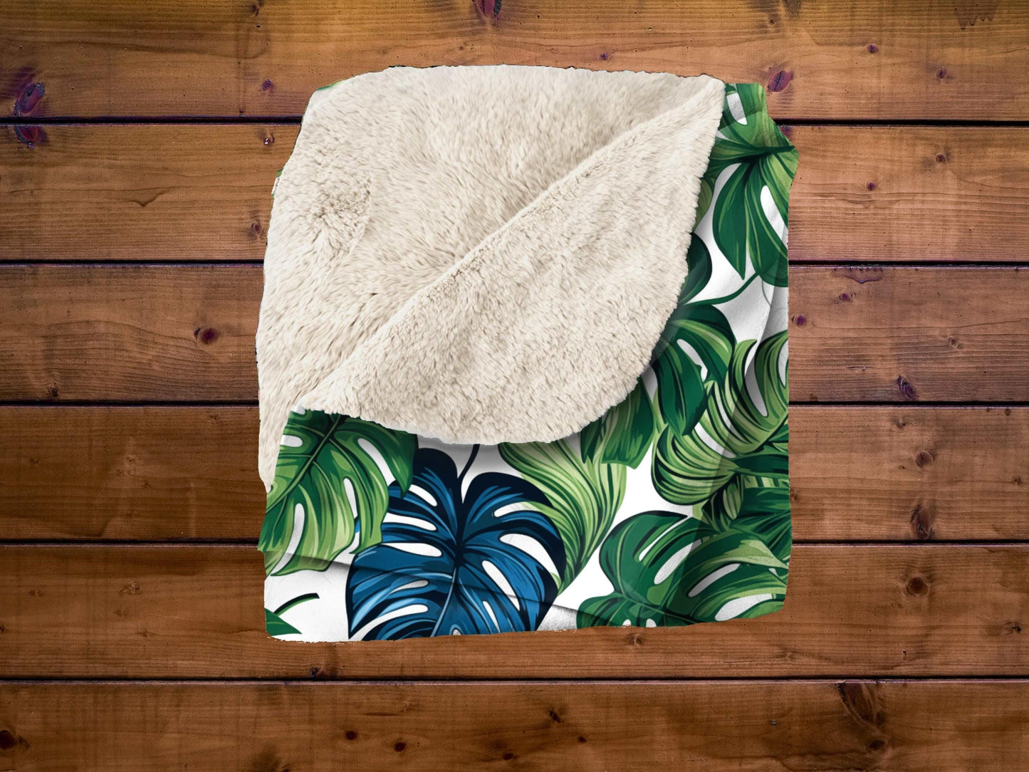 Sherpa Throw Blanket - Tropical Jungle Monstera Leaf Design Blue and Green on White -Soft Plush Throw Blanket-Jacobson Cottage