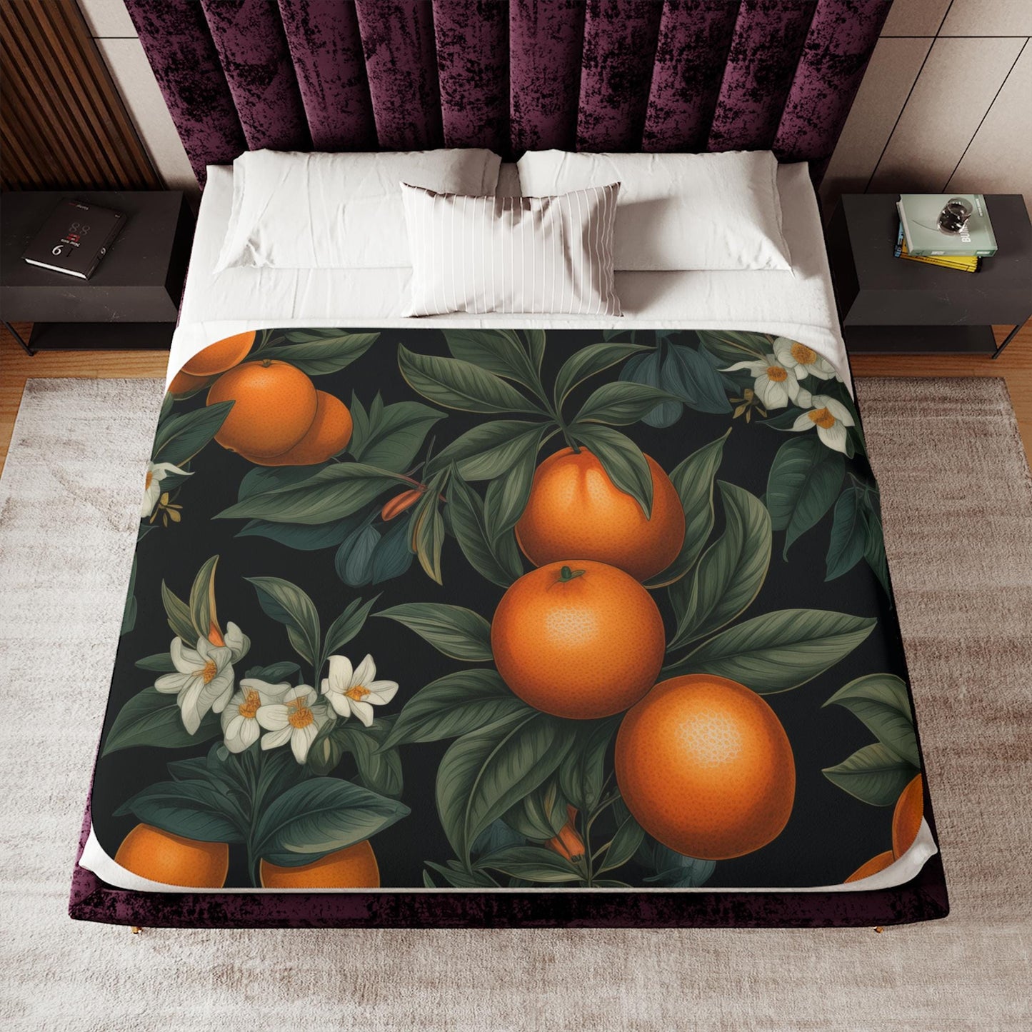 Sherpa Throw Blanket - Orange Fruit and Blossom Pattern Elegant Botanical - Soft Plush Throw Blanket-Jacobson Cottage