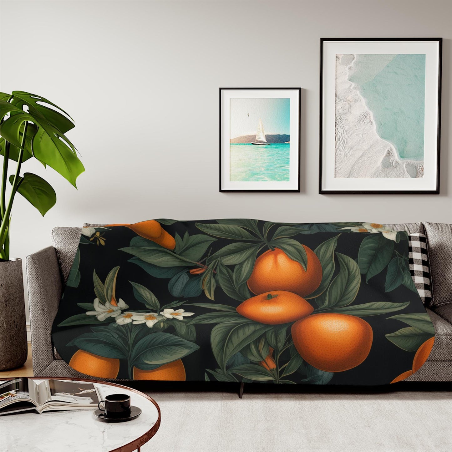 Sherpa Throw Blanket - Orange Fruit and Blossom Pattern Elegant Botanical - Soft Plush Throw Blanket-Jacobson Cottage