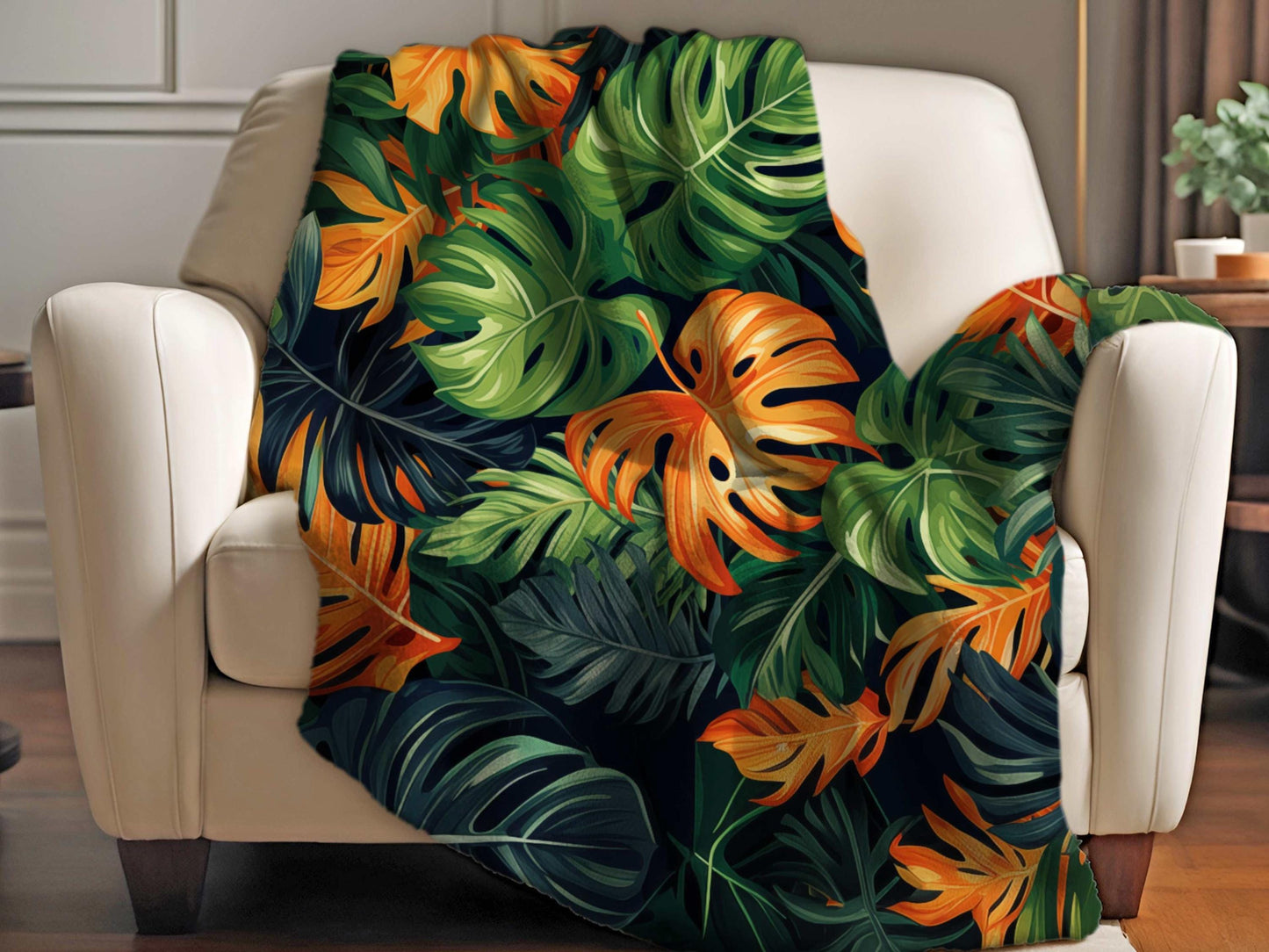 Sherpa Throw Blanket - Tropical Jungle Monstera Leaf Design - Soft Plush Throw Blanket-Jacobson Cottage