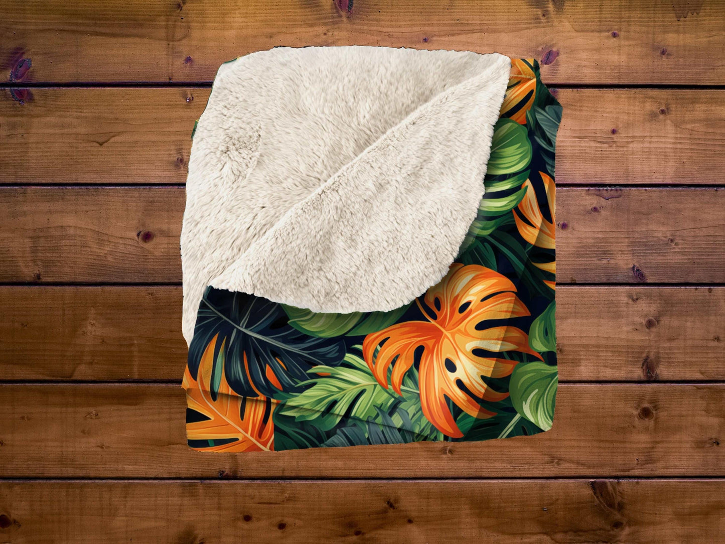 Sherpa Throw Blanket - Tropical Jungle Monstera Leaf Design - Soft Plush Throw Blanket-Jacobson Cottage