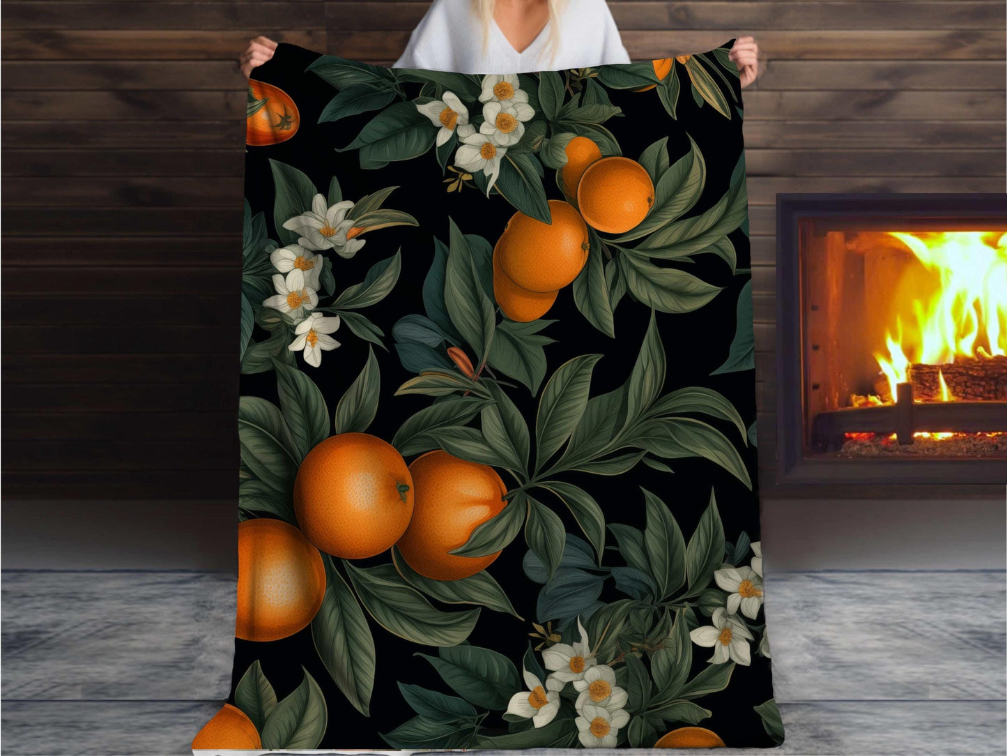 Sherpa Throw Blanket - Orange Fruit and Blossom Pattern Elegant Botanical - Soft Plush Throw Blanket-Jacobson Cottage