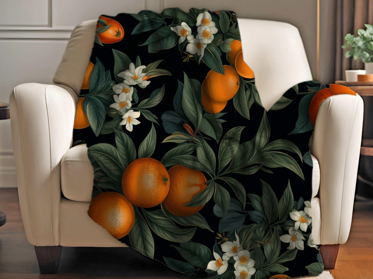 Sherpa Throw Blanket - Orange Fruit and Blossom Pattern Elegant Botanical - Soft Plush Throw Blanket-Jacobson Cottage