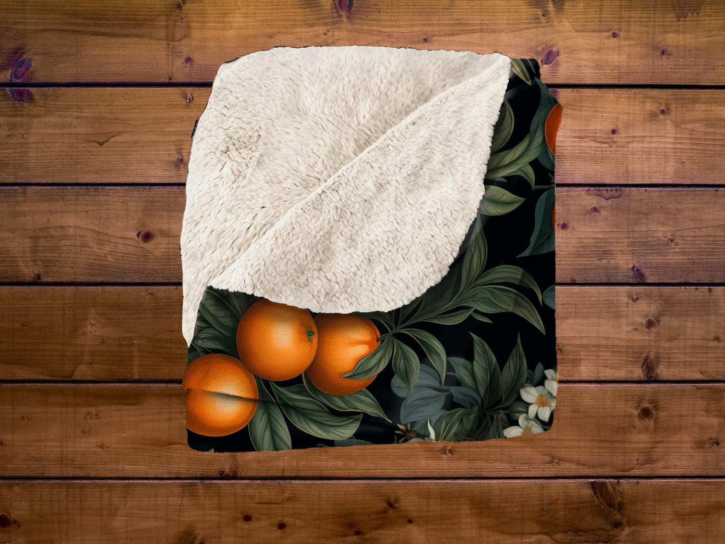 Sherpa Throw Blanket - Orange Fruit and Blossom Pattern Elegant Botanical - Soft Plush Throw Blanket-Jacobson Cottage
