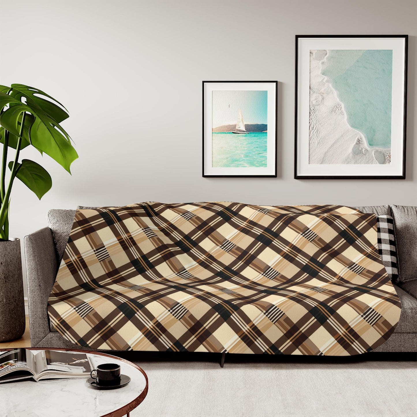 Sherpa Throw Blanket - Beige and Brown Plaid - Soft Plush Throw Blanket-Jacobson Cottage