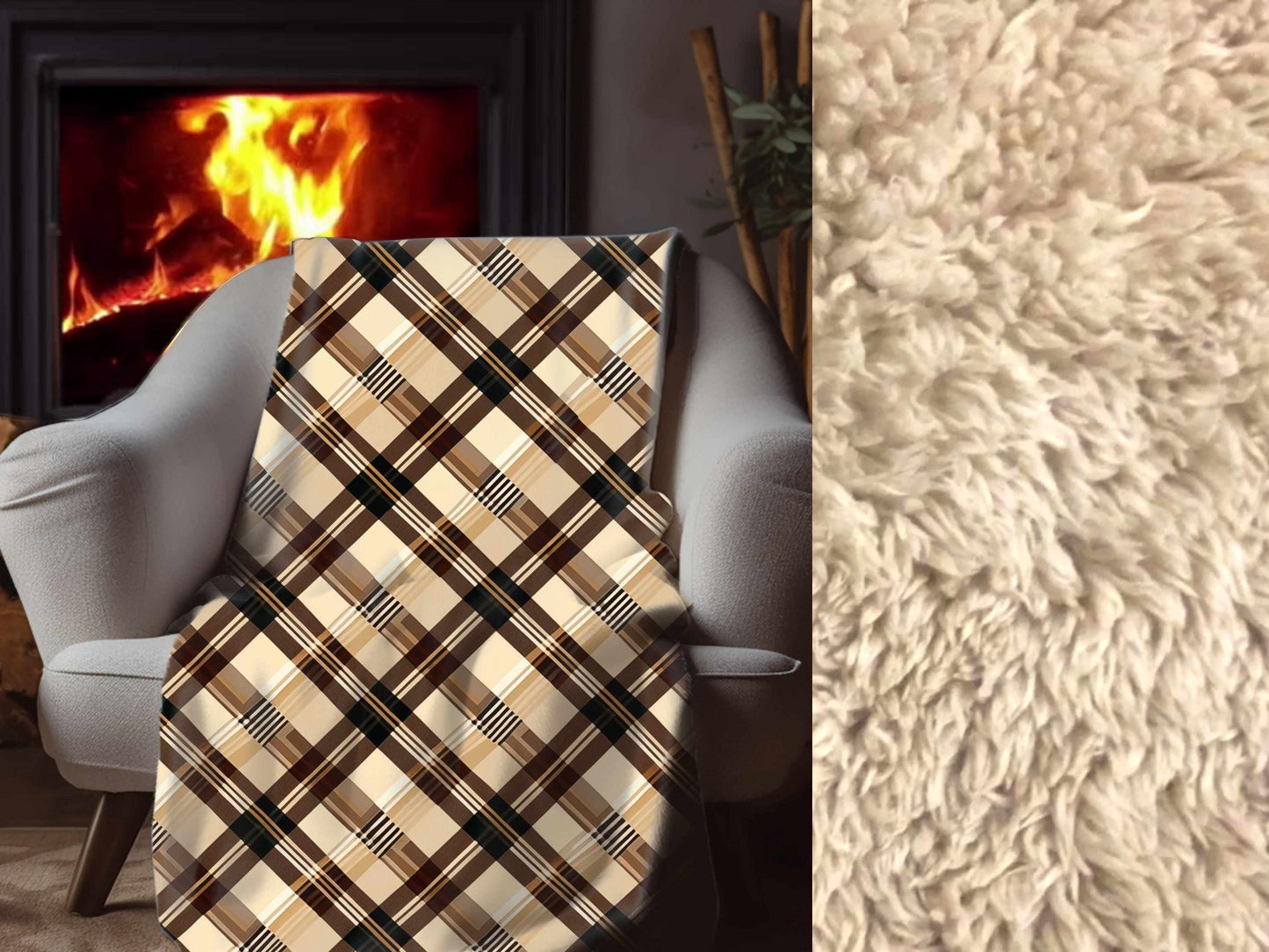 Sherpa Throw Blanket - Beige and Brown Plaid - Soft Plush Throw Blanket-Jacobson Cottage
