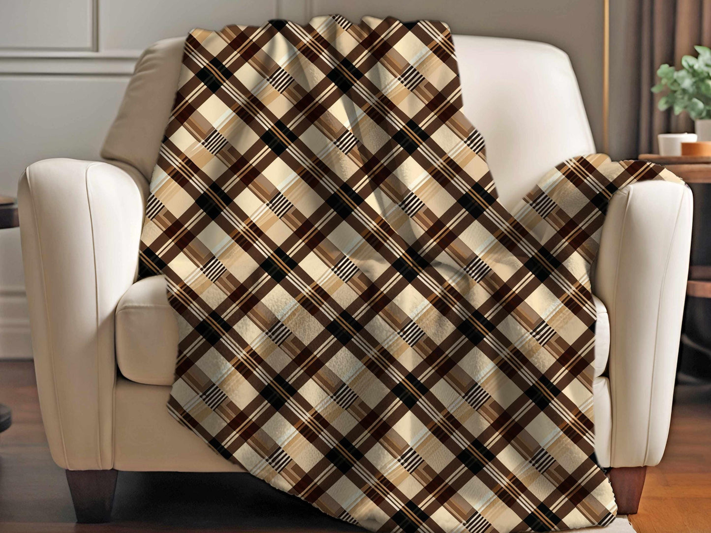 Sherpa Throw Blanket - Beige and Brown Plaid - Soft Plush Throw Blanket-Jacobson Cottage