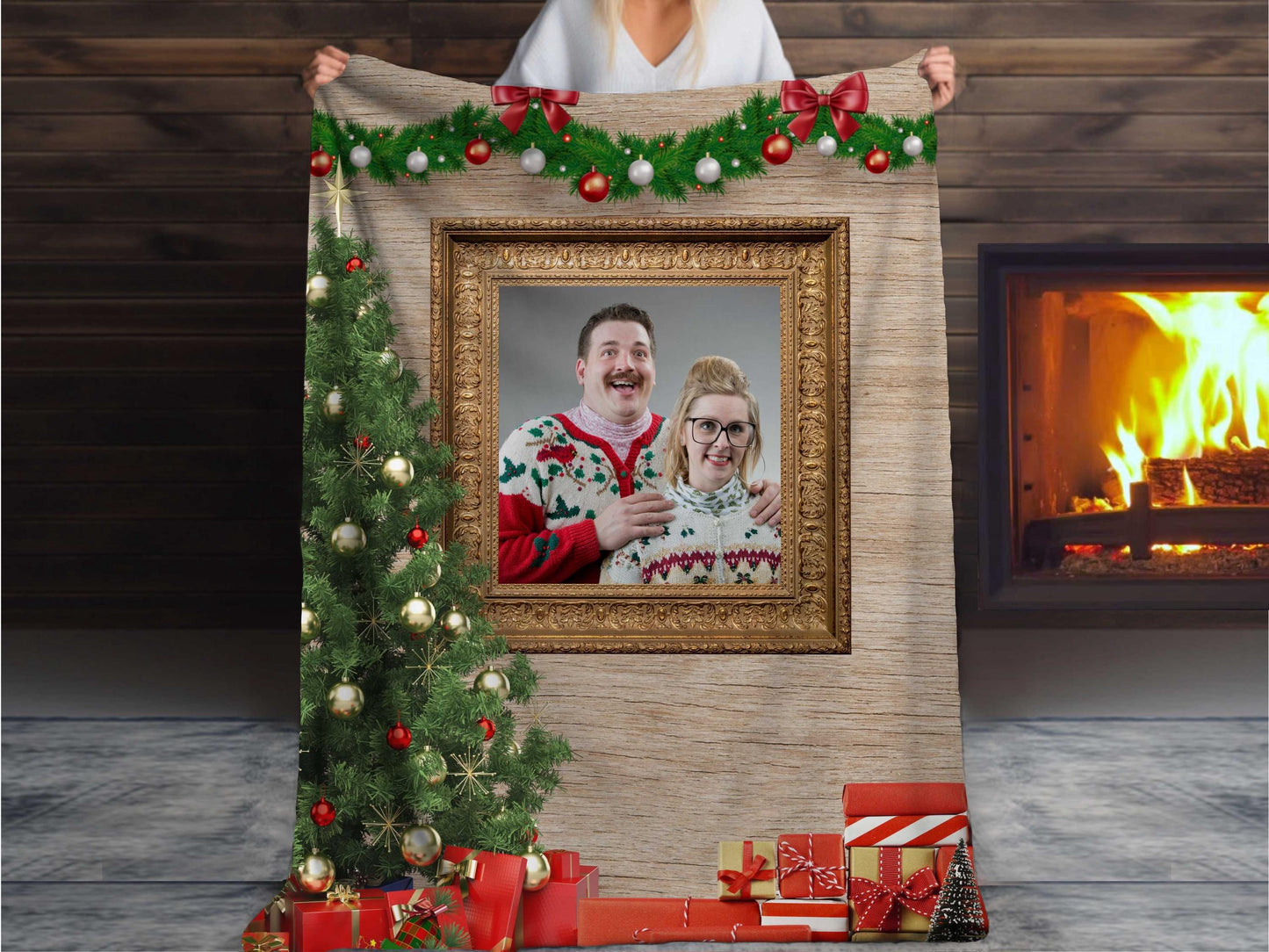 Sherpa Throw Blanket - Custom Christmas Photo Design with Tree and Fireplace - Soft Plush Throw Blanket-Jacobson Cottage