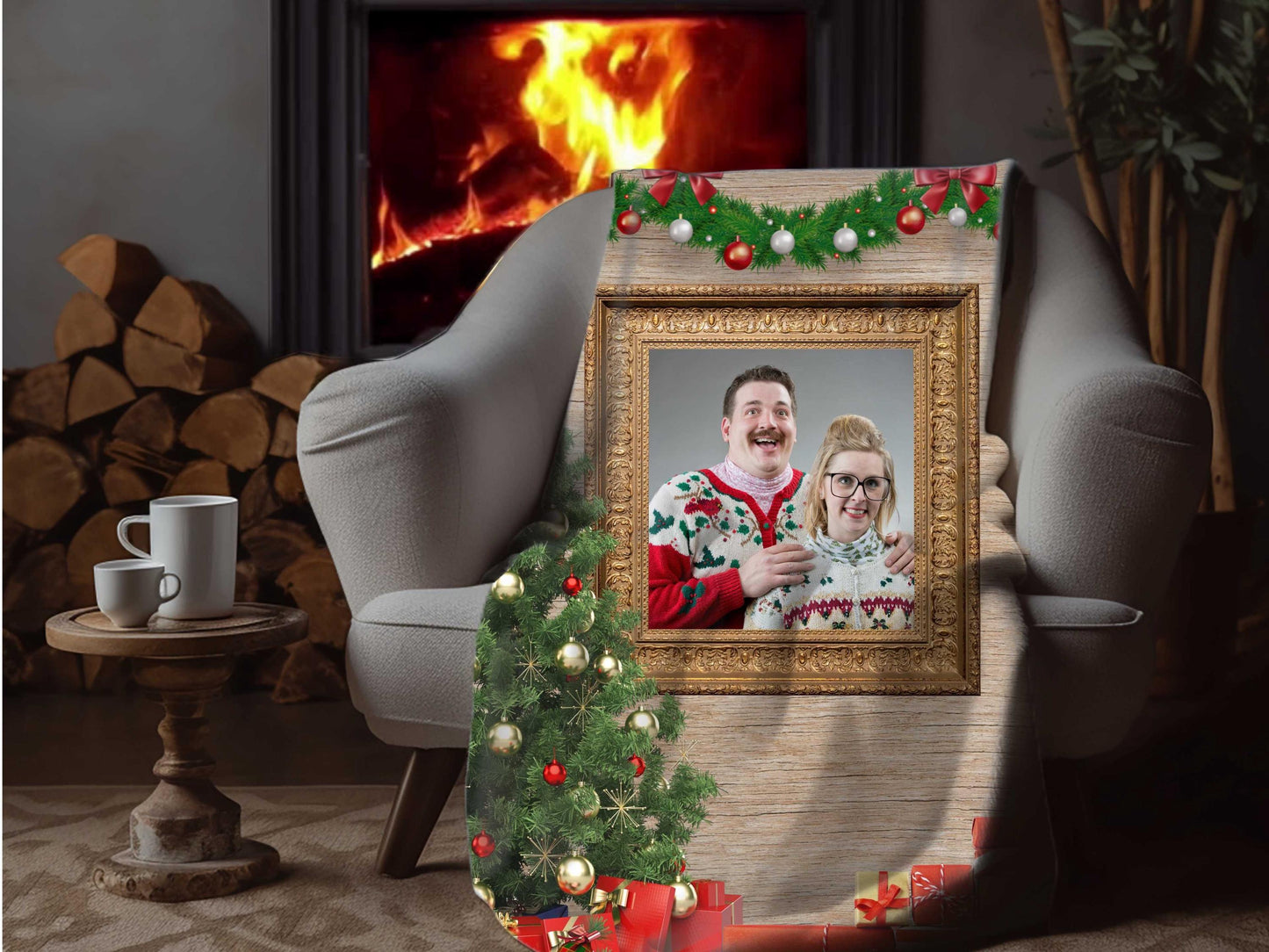 Sherpa Throw Blanket - Custom Christmas Photo Design with Tree and Fireplace - Soft Plush Throw Blanket-Jacobson Cottage