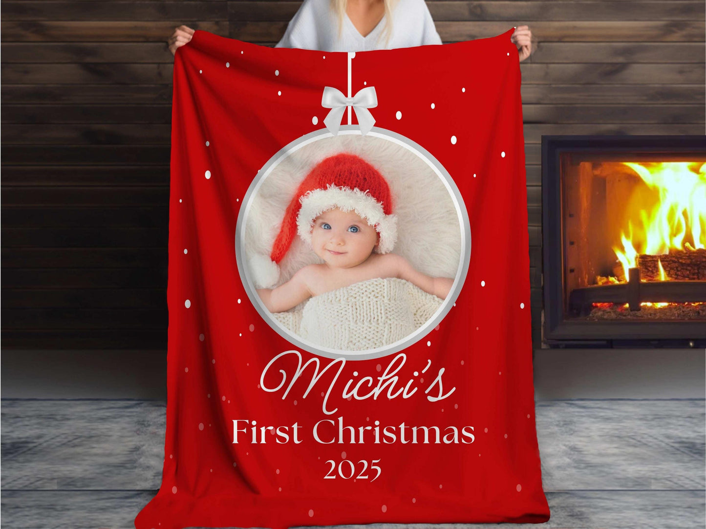 Sherpa Throw Blanket - Custom Baby's First Christmas Design with Ornament, Photo, Name and Year - Soft Plush Throw Blanket-Jacobson Cottage