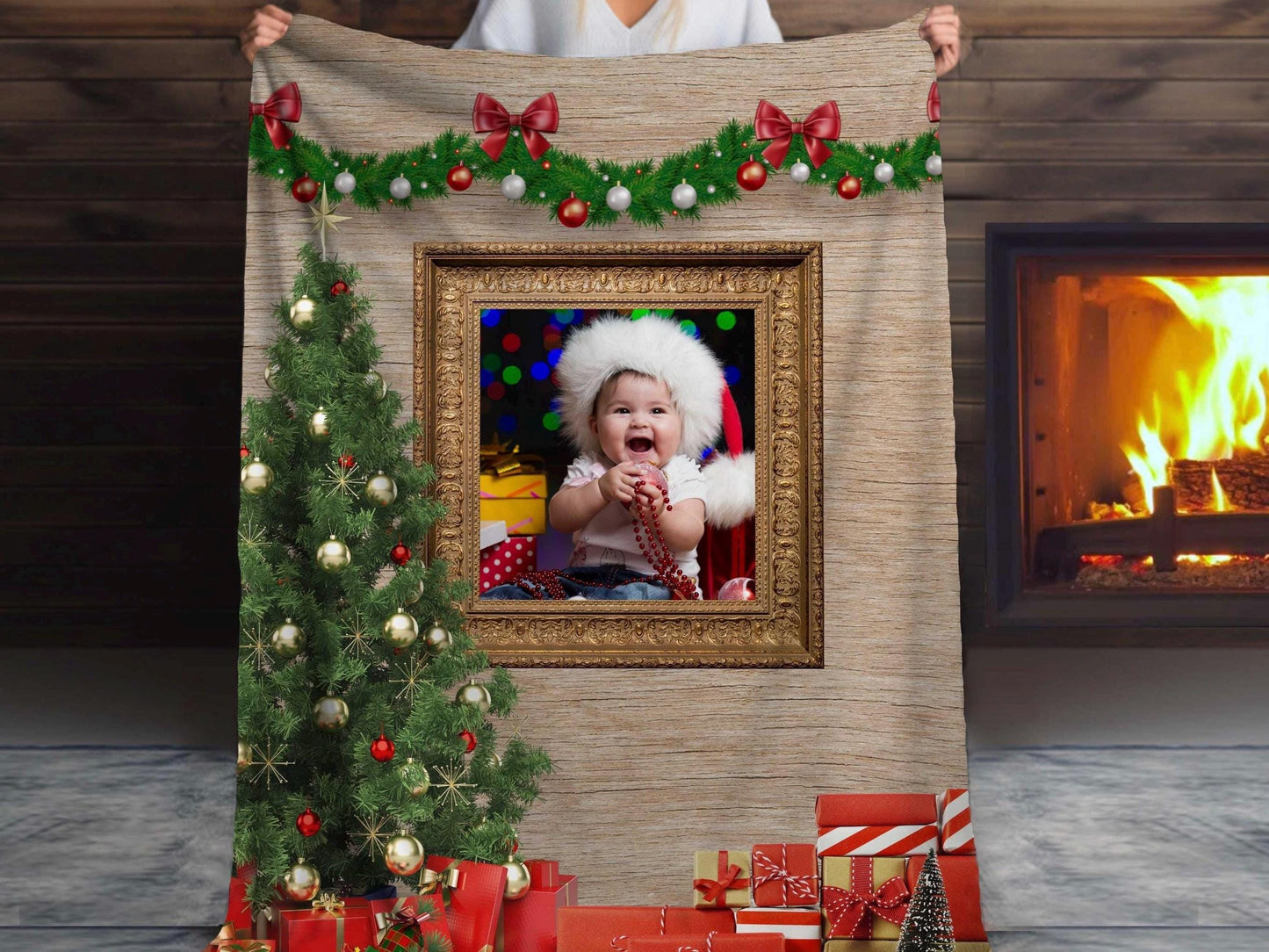 Sherpa Throw Blanket - Custom Christmas Photo Design with Tree and Fireplace - Soft Plush Throw Blanket-Jacobson Cottage