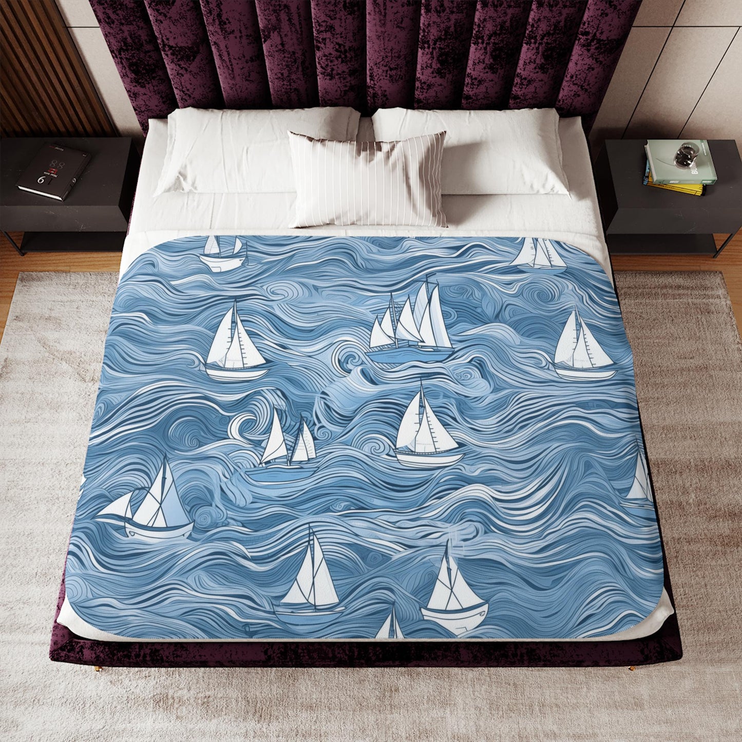Sherpa Throw Blanket - Nautical Sailboat Blue Ocean Design - Soft Plush Throw Blanket-Jacobson Cottage