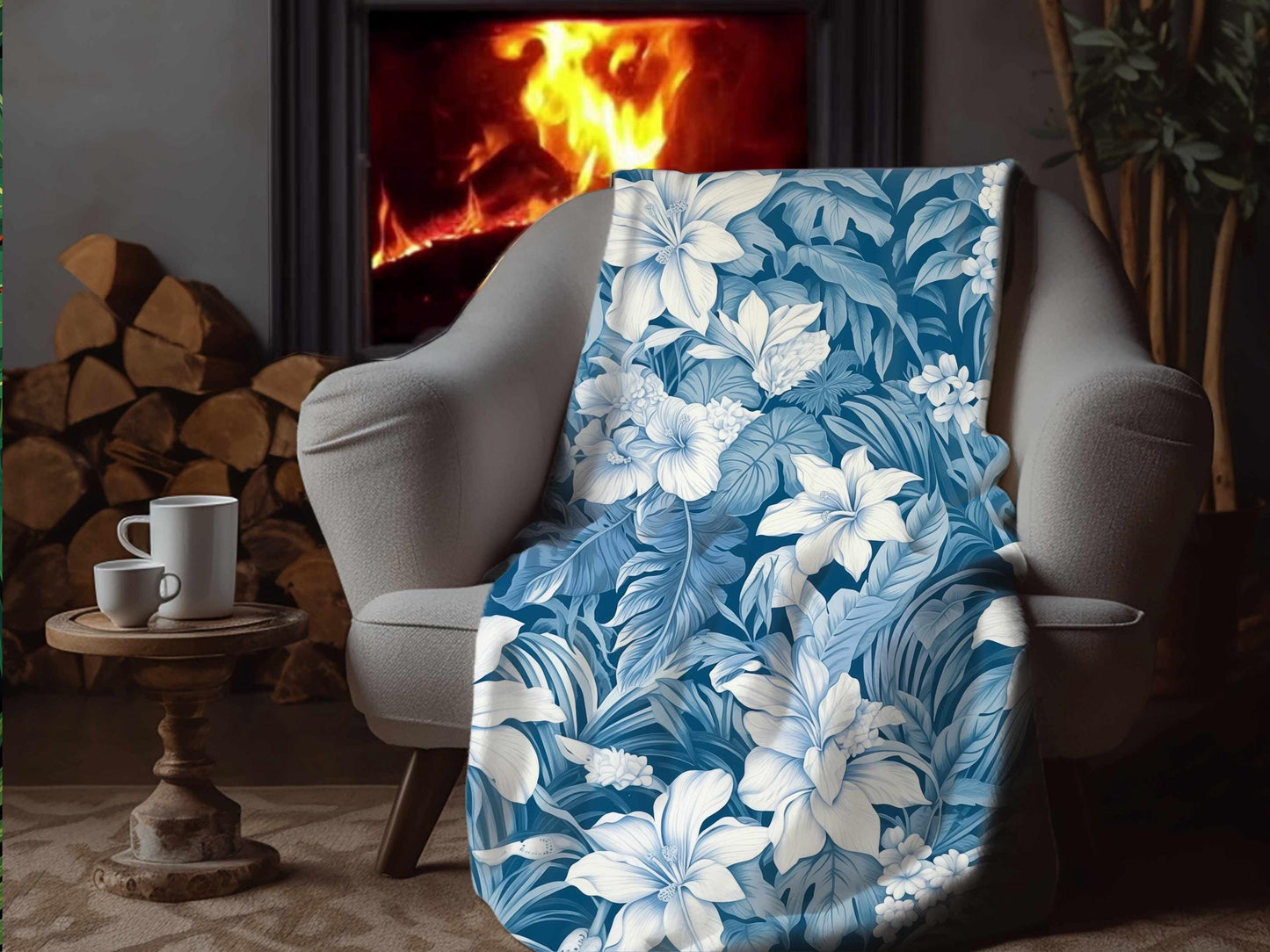 Sherpa Throw Blanket - Blue Tropical Floral Pattern Elegant Botanical - Soft Plush Throw Blanket-Jacobson Cottage