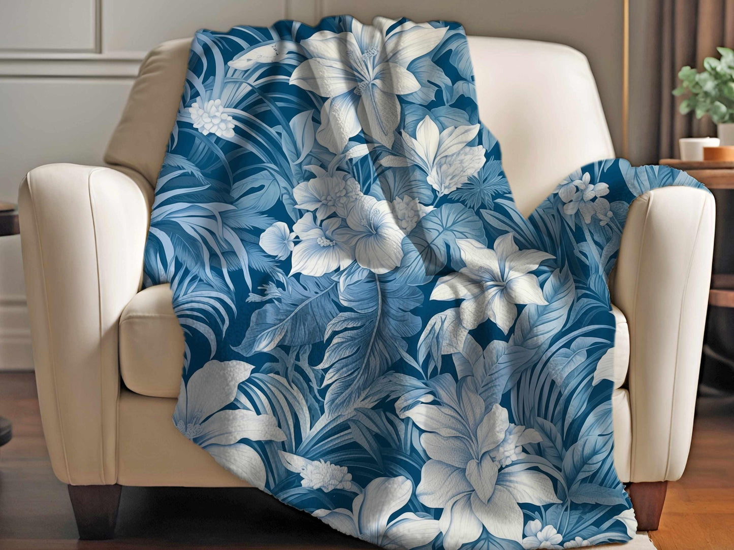 Sherpa Throw Blanket - Blue Tropical Floral Pattern Elegant Botanical - Soft Plush Throw Blanket-Jacobson Cottage