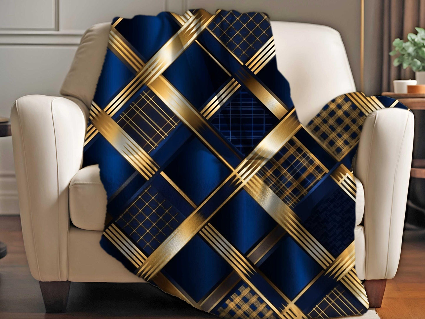 Sherpa Throw Blanket - Navy and Gold Geometric Pattern Elegant Modern - Soft Plush Throw Blanket-Jacobson Cottage