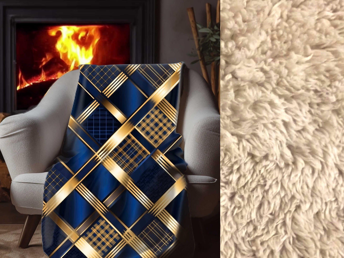 Sherpa Throw Blanket - Navy and Gold Geometric Pattern Elegant Modern - Soft Plush Throw Blanket-Jacobson Cottage