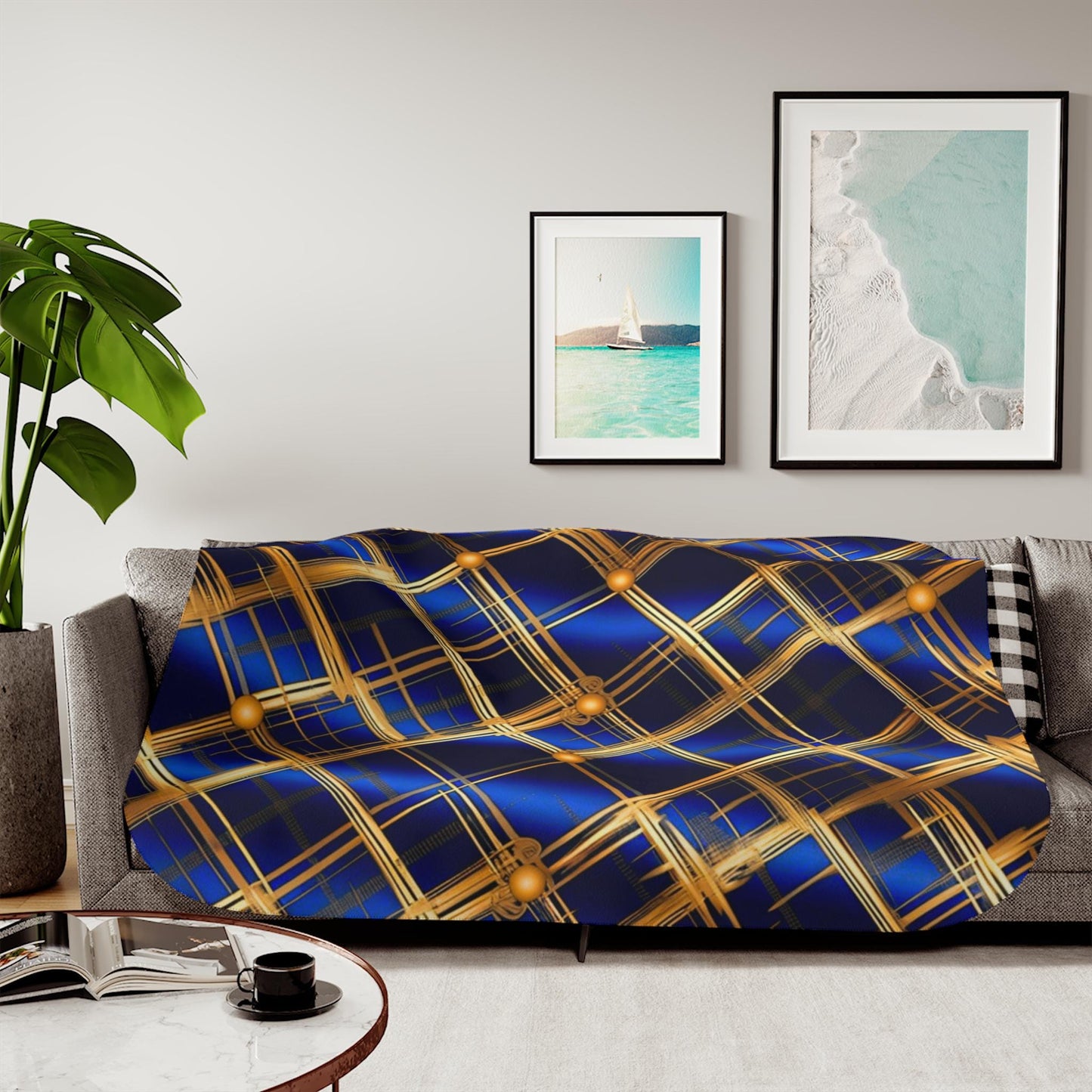 Sherpa Throw Blanket - Navy and Gold Grid Design Luxury Modern - Soft Plush Throw Blanket-Jacobson Cottage