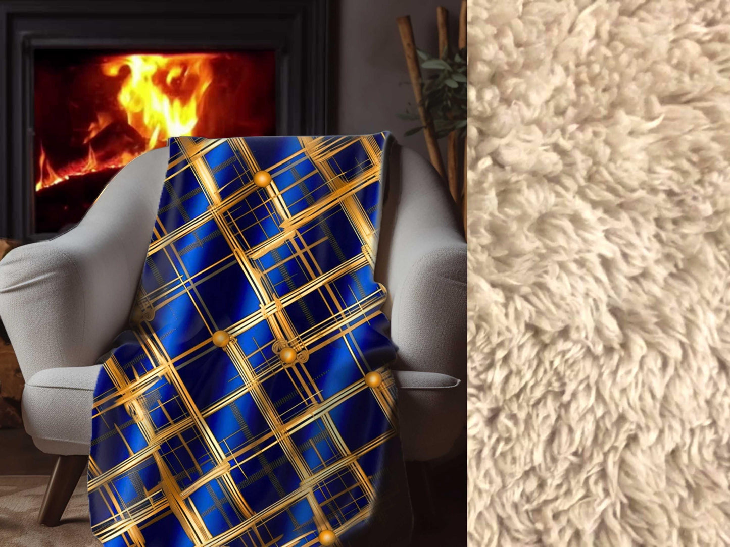 Sherpa Throw Blanket - Navy and Gold Grid Design Luxury Modern - Soft Plush Throw Blanket-Jacobson Cottage