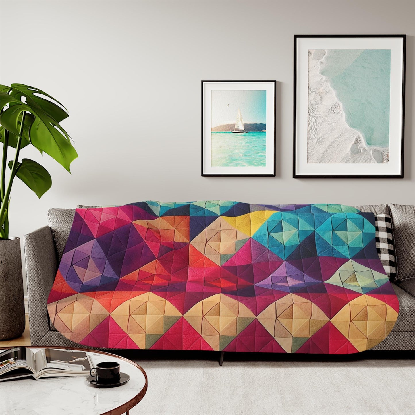 Sherpa Throw Blanket - Colorful Geometric Pattern Rainbow Diamond Design - Soft Plush Throw Blanket-Jacobson Cottage