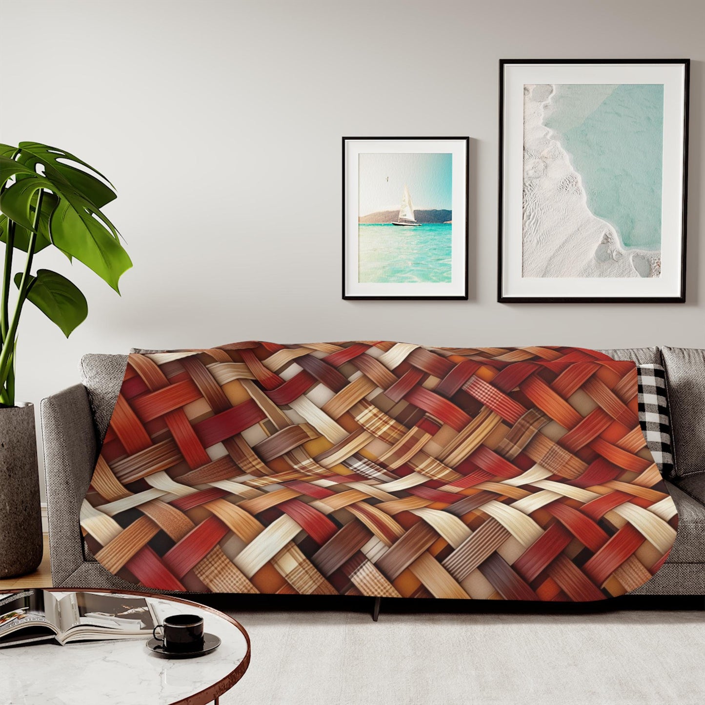 Sherpa Throw Blanket - Rustic Woven Basketweave Pattern Cozy Brown & Red Plaid Style - Soft Plush Throw Blanket-Jacobson Cottage