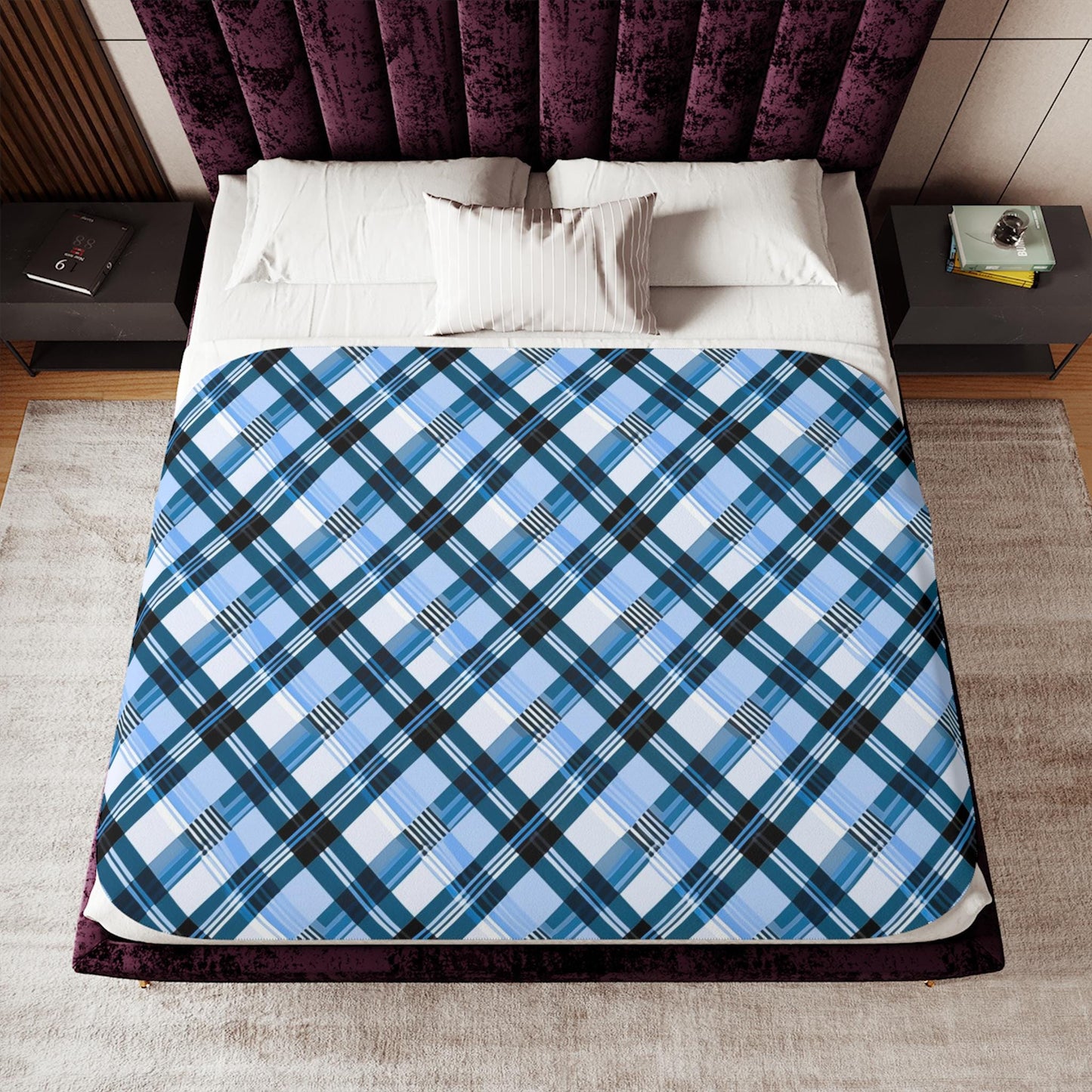 Sherpa Throw Blanket - Blue and Light Blue Plaid Design - Soft Plush Throw Blanket-Jacobson Cottage