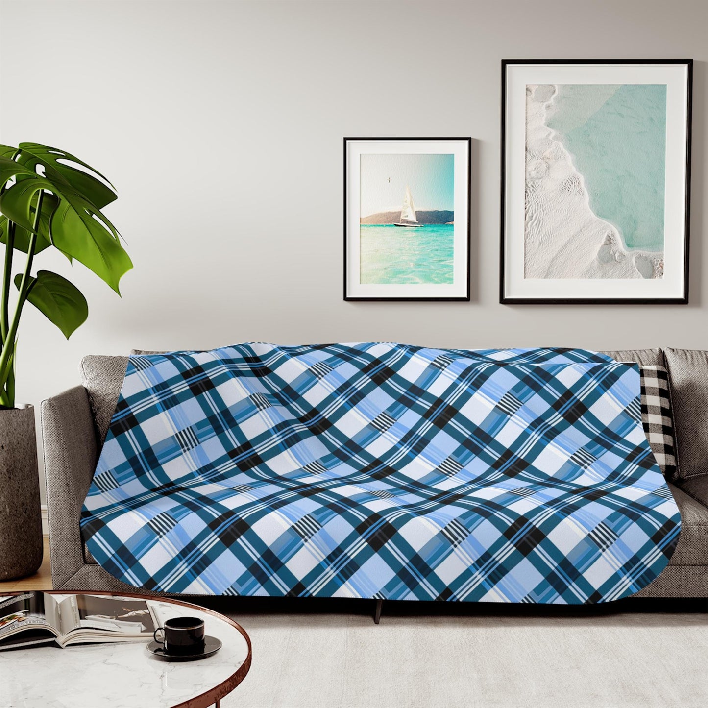Sherpa Throw Blanket - Blue and Light Blue Plaid Design - Soft Plush Throw Blanket-Jacobson Cottage