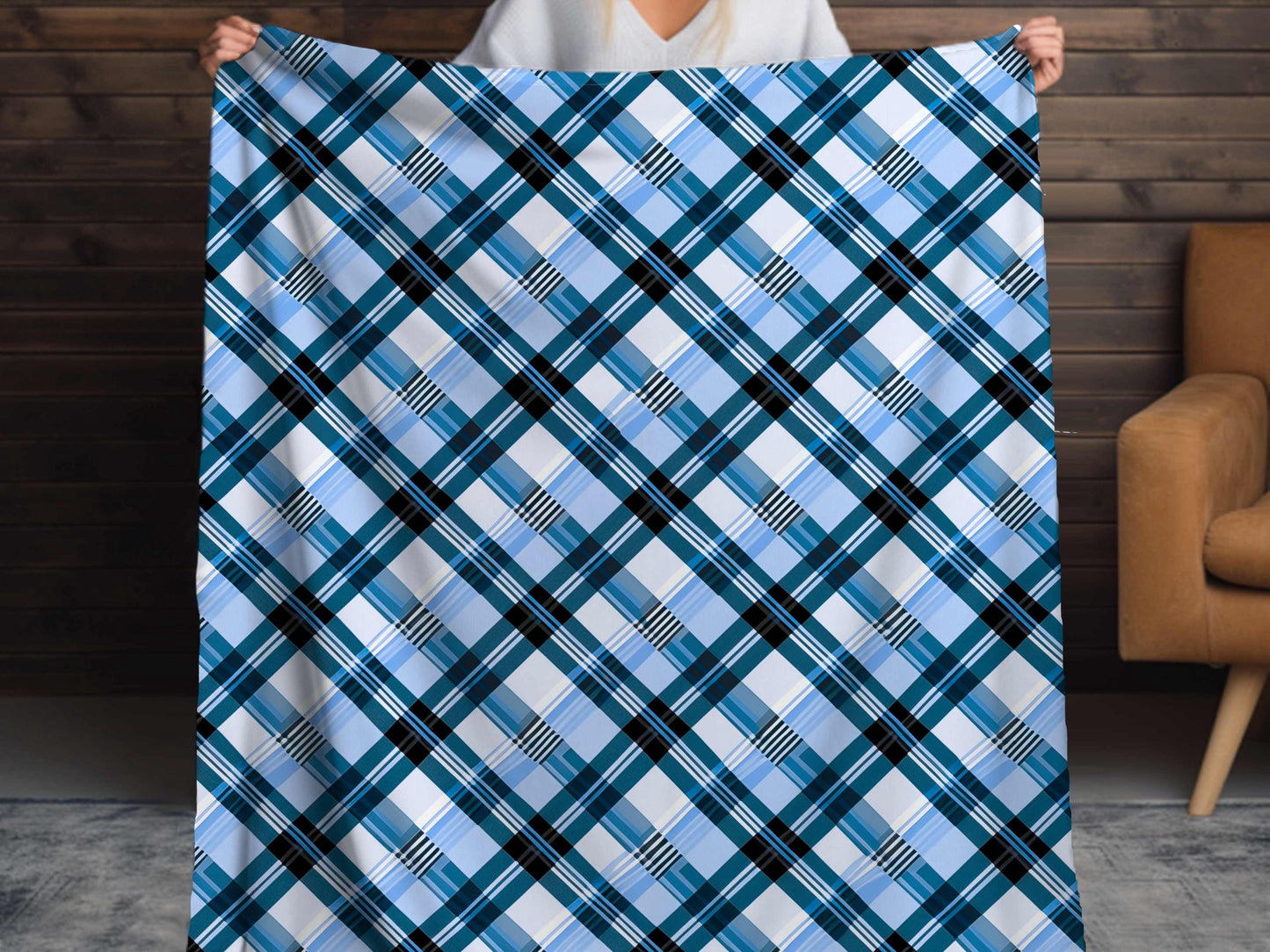 Sherpa Throw Blanket - Blue and Light Blue Plaid Design - Soft Plush Throw Blanket-Jacobson Cottage