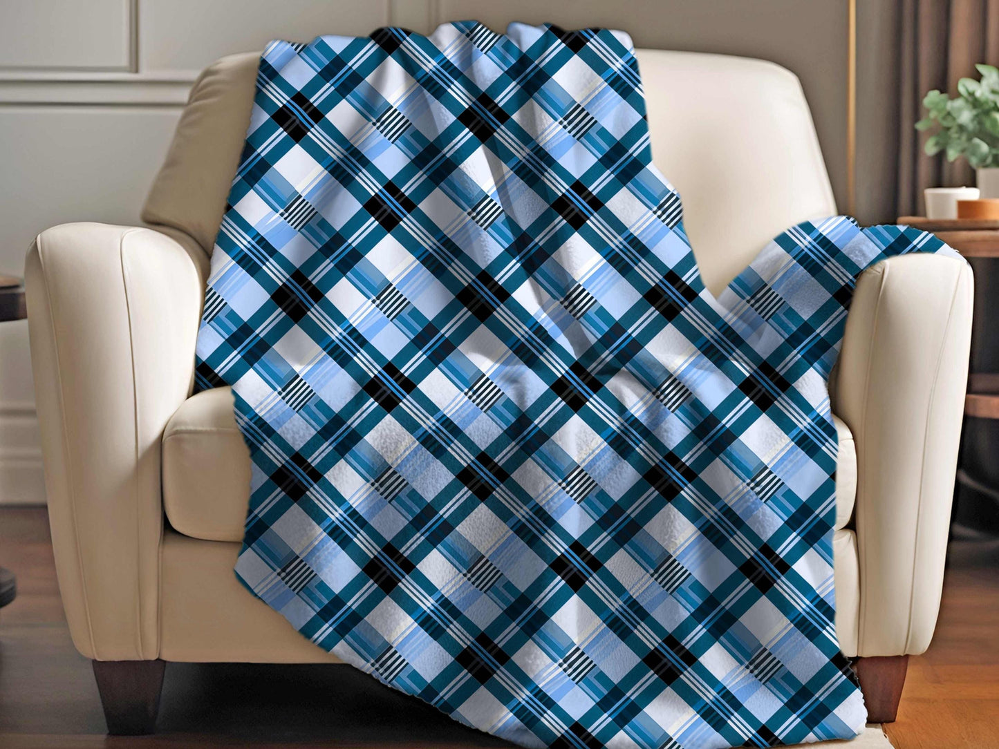Sherpa Throw Blanket - Blue and Light Blue Plaid Design - Soft Plush Throw Blanket-Jacobson Cottage