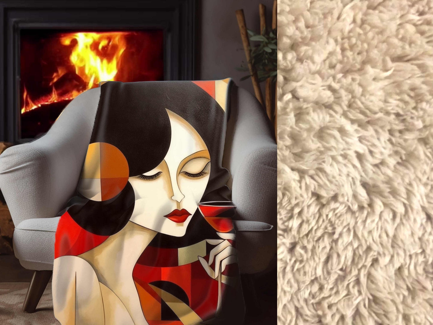 Sherpa Throw Blanket - Abstract Woman with Wine Glass Modern Art Style - Soft Plush Throw Blanket-Jacobson Cottage