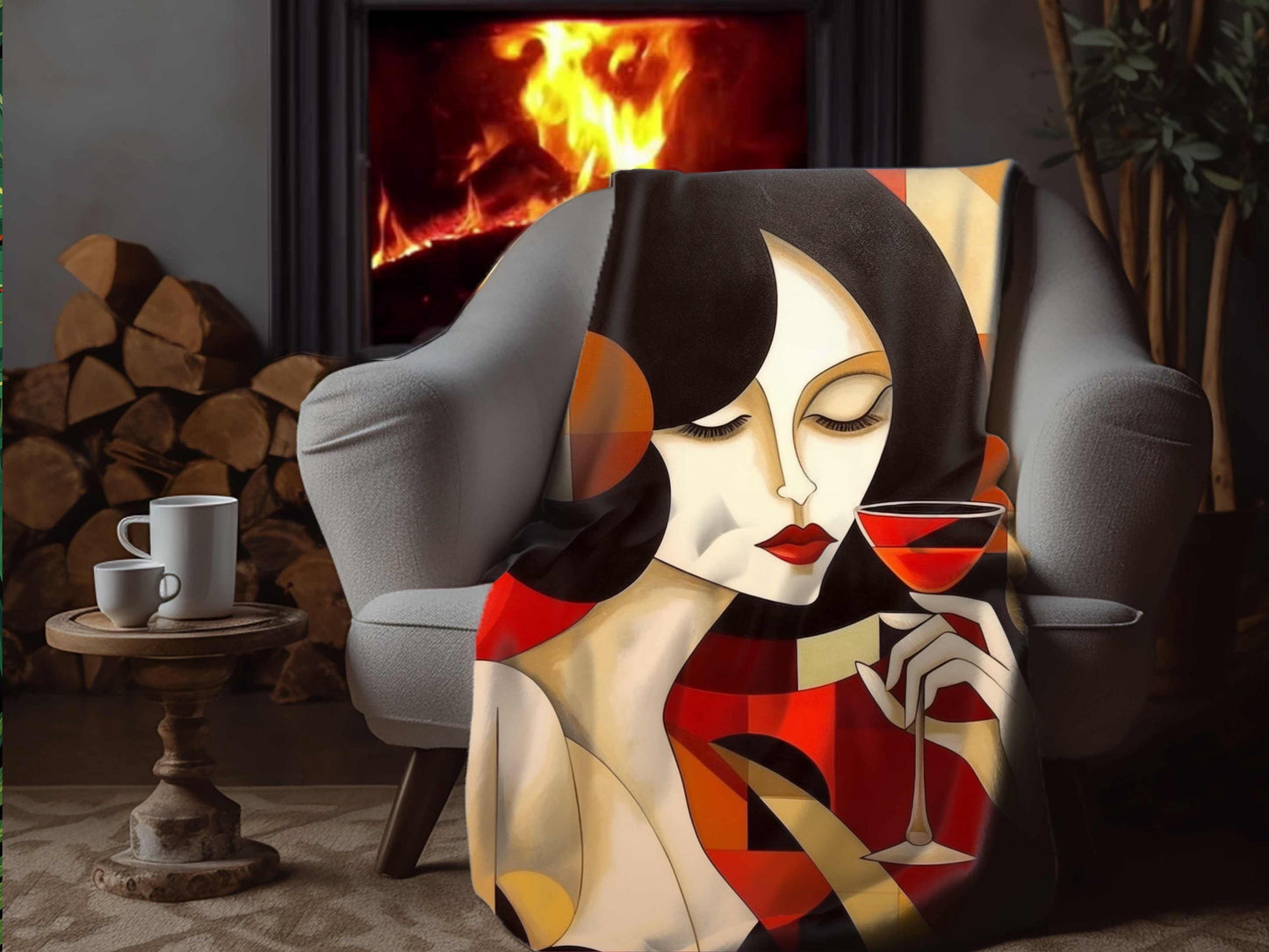 Sherpa Throw Blanket - Abstract Woman with Wine Glass Modern Art Style - Soft Plush Throw Blanket-Jacobson Cottage