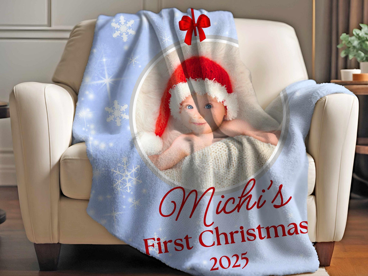 Sherpa Throw Blanket - Custom Baby's First Christmas Design with Ornament, Photo, Name and Year- Soft Plush Throw Blanket-Jacobson Cottage