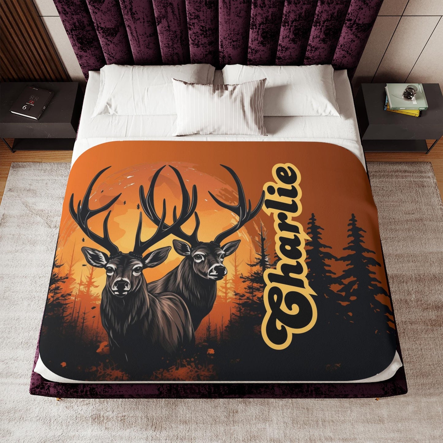Sherpa Throw Blanket - Custom Name Deer in Sunset Design for Hunting Season - Soft Plush Throw Blanket-Jacobson Cottage