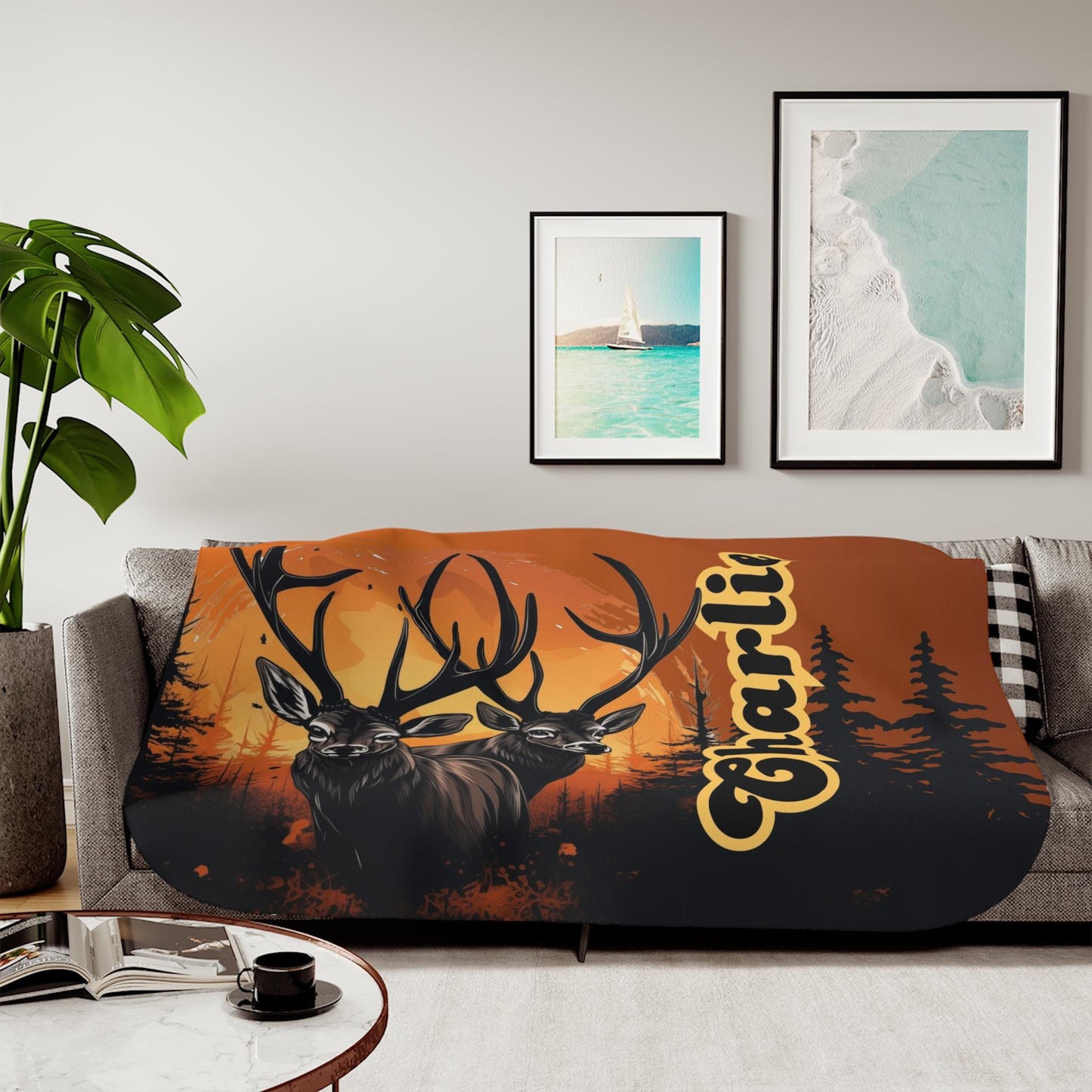 Sherpa Throw Blanket - Custom Name Deer in Sunset Design for Hunting Season - Soft Plush Throw Blanket-Jacobson Cottage
