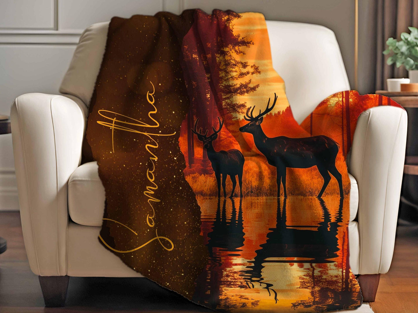 Sherpa Throw Blanket - Personalized Deer by Lake at Sunset Custom Name Hunting Design - Soft Plush Throw Blanket-Jacobson Cottage