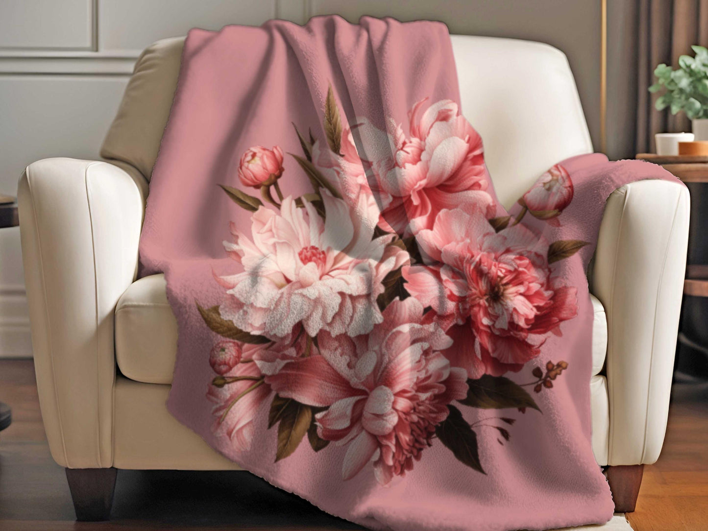 Sherpa Throw Blanket - Dusty Rose Floral - Soft Plush Throw Blanket-Jacobson Cottage