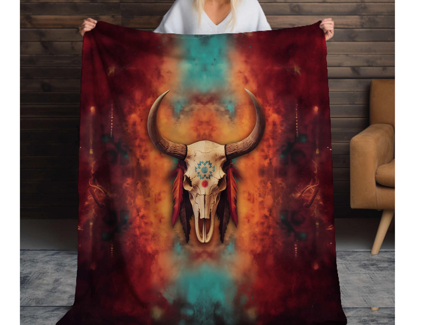 Sherpa Throw Blanket - Boho Bull Skull Southwestern Art Design -Soft Plush Throw Blanket-Jacobson Cottage
