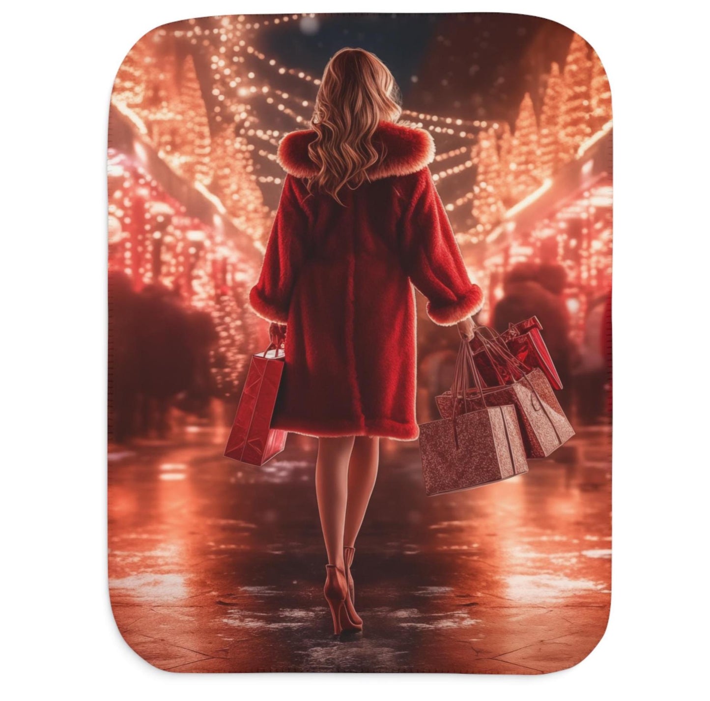 Sherpa Throw Blanket - Woman Christmas Shopping in Red Coat Design - Soft Plush Throw Blanket-Jacobson Cottage