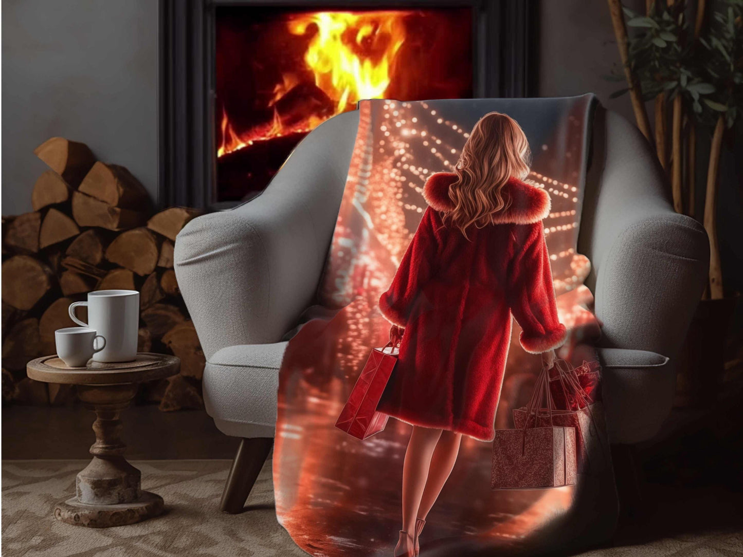 Sherpa Throw Blanket - Woman Christmas Shopping in Red Coat Design - Soft Plush Throw Blanket-Jacobson Cottage