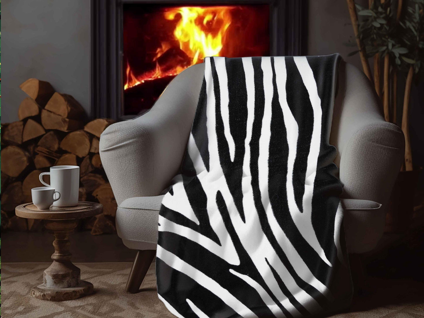 Sherpa Throw Blanket - Safari Zebra Strip Black and White Print - Soft Plush Throw Blanket-Jacobson Cottage
