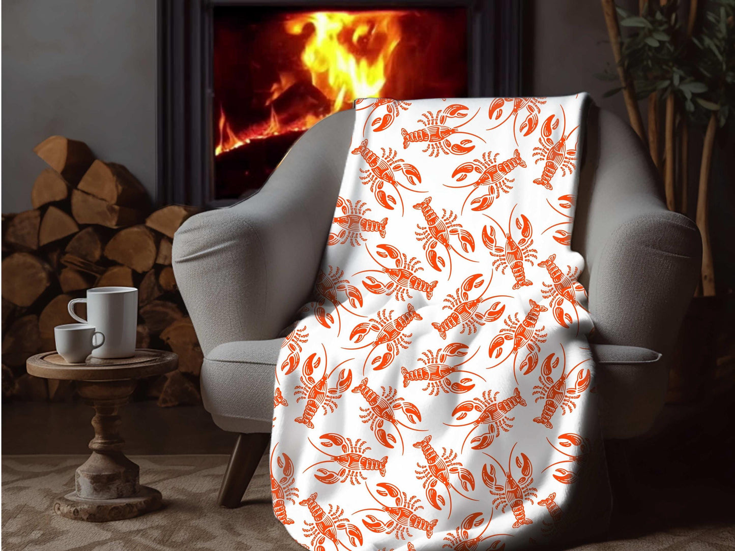 Sherpa Throw Blanket - Nautical New England Red Lobsters Pattern - Soft Plush Throw Blanket-Jacobson Cottage